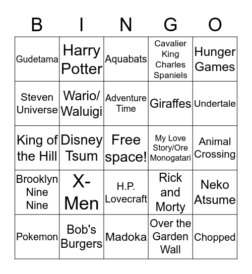 Meg's Fandom Bingo Card