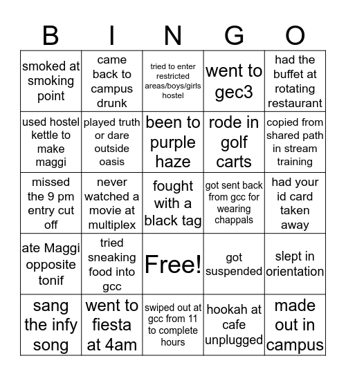 Infosys Mysore Training Bingo Card