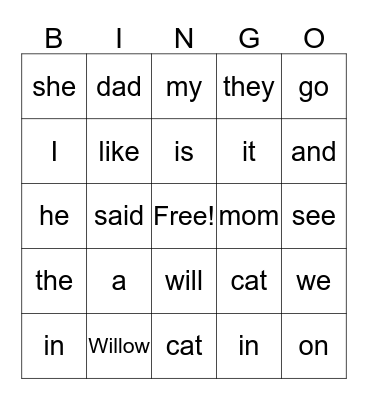 Willow's Sight Word BINGO Card