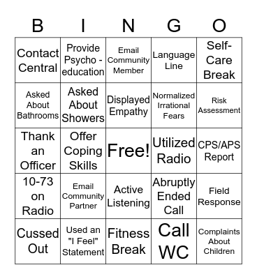 Crisis Unit Bingo Card