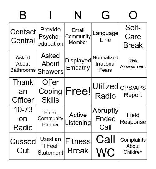 Crisis Unit Bingo Card
