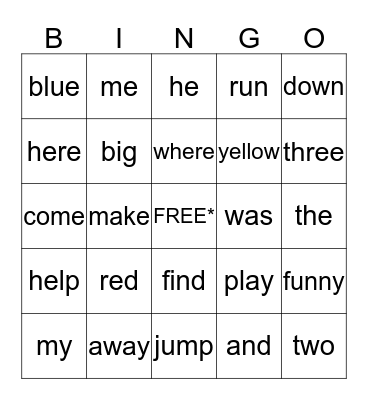 Sight Words  Bingo Card