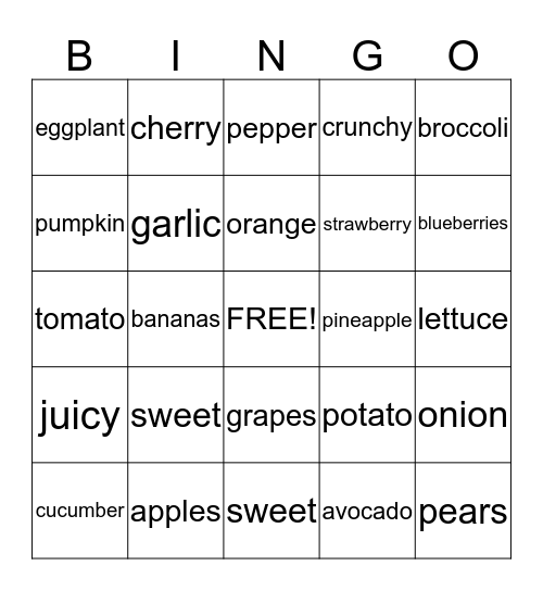 Fruit and Vegetable Bingo Card