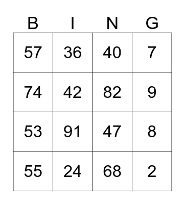 NUMBER Bingo Card
