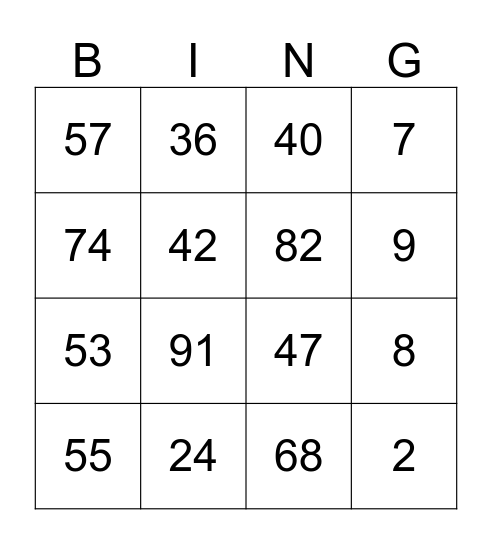 NUMBER Bingo Card