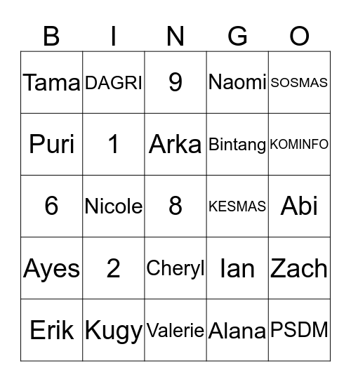 NICOLE Bingo Card