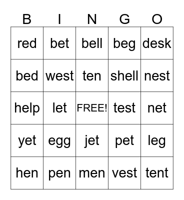 Short 'e' sounds Bingo Card