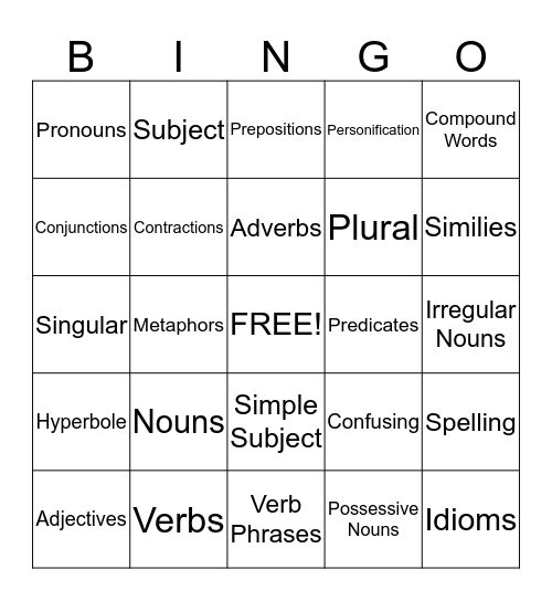 Language Skills Bingo Card