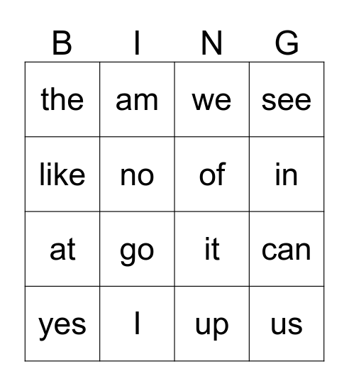Sightwords prek Bingo Card
