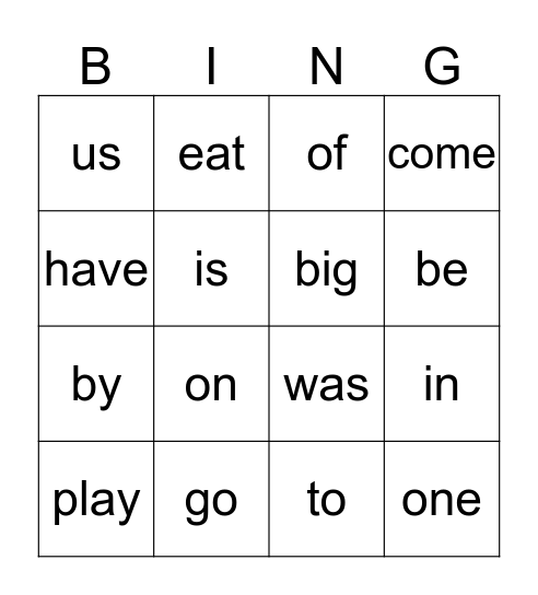 Sightwords pre-k Bingo Card