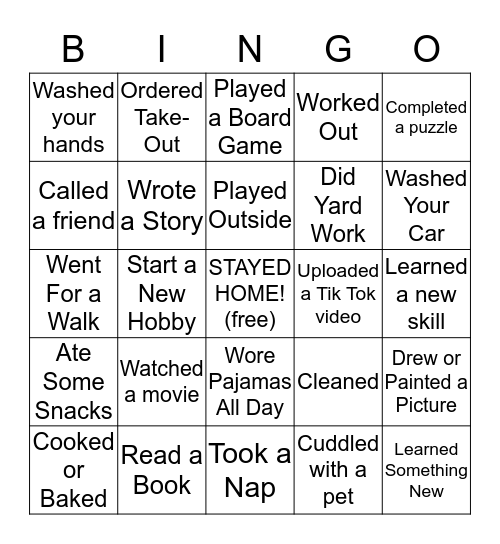 Stay at Home Bingo Card
