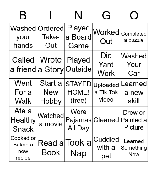 Stay at Home Bingo Card