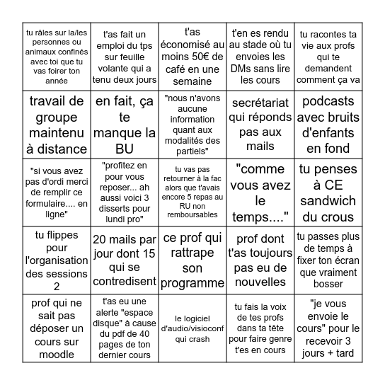 LA FAC CONFINÉE Bingo Card