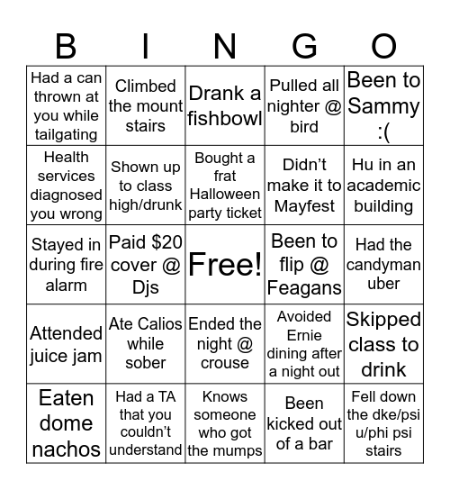 Syracuse  Bingo Card