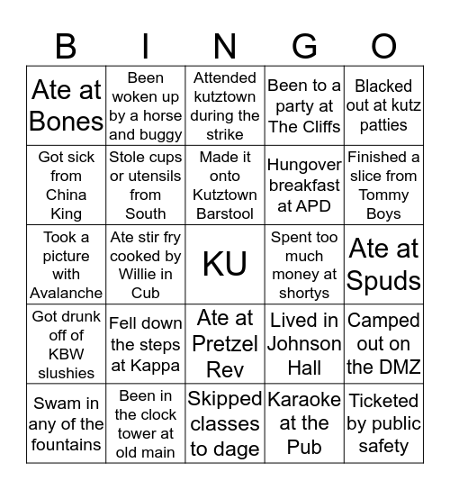 Kutztown University Bingo  Bingo Card