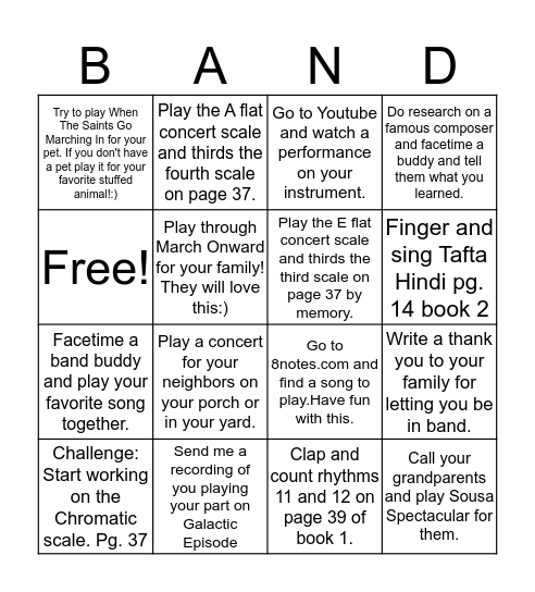 6th grade band fun Bingo Card