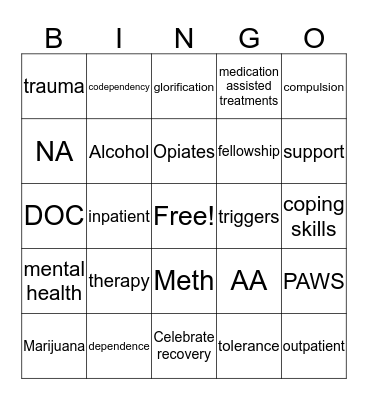 Addiction Bingo Card