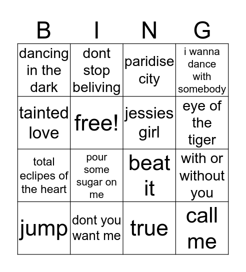 80s music  Bingo Card