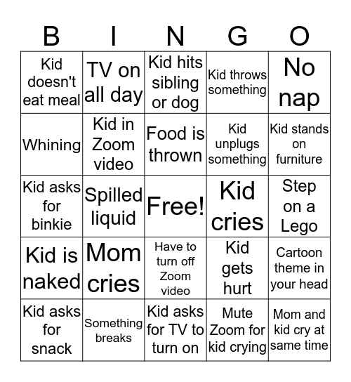 Work From Home with Kids Bingo Card