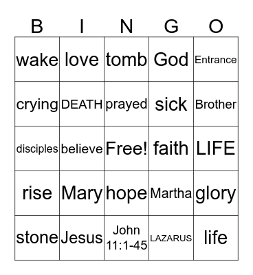 Jesus Raises Lazarus from the Dead Bingo Card