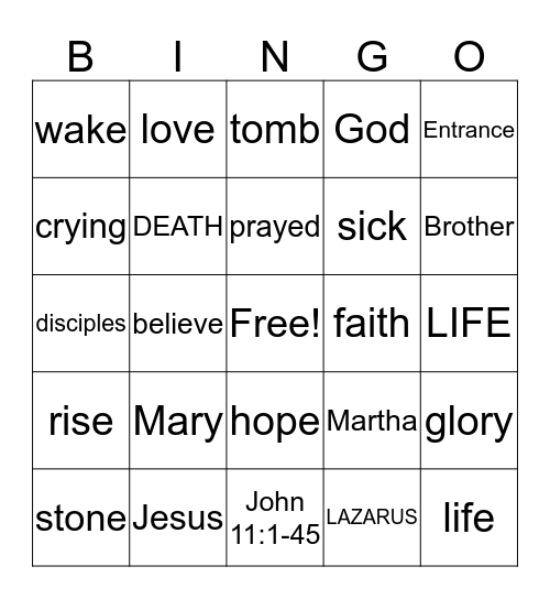Jesus Raises Lazarus from the Dead Bingo Card