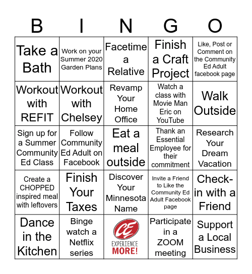 Community Ed Adult Bingo  Bingo Card