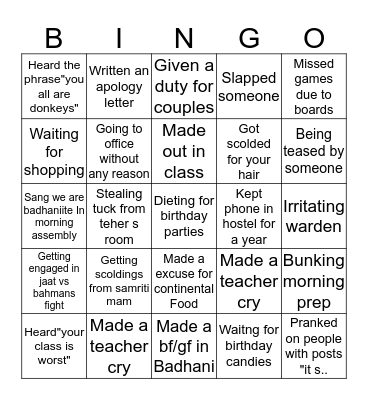 Badhani School Bingo Card