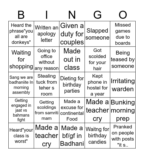 Badhani School Bingo Card