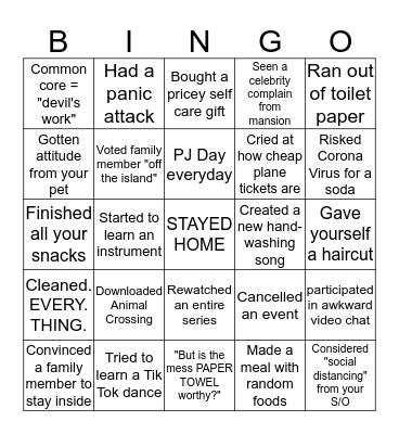 Social distancing BINGO Card