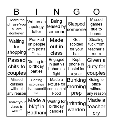 Badhani School Bingo Card