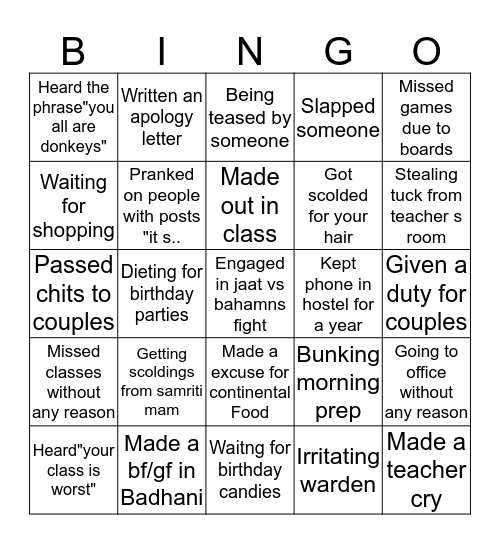 Badhani School Bingo Card