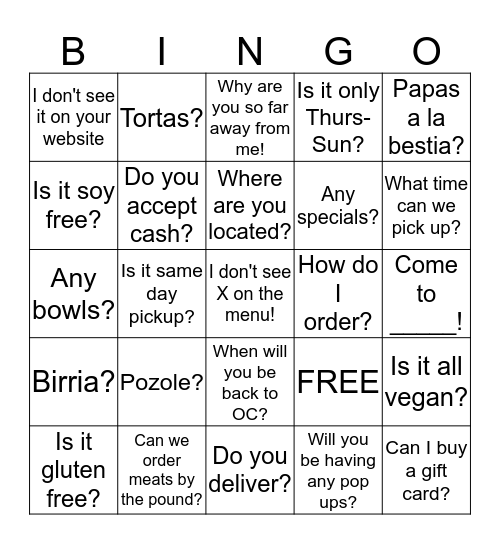 Vegatinos Bingo Card