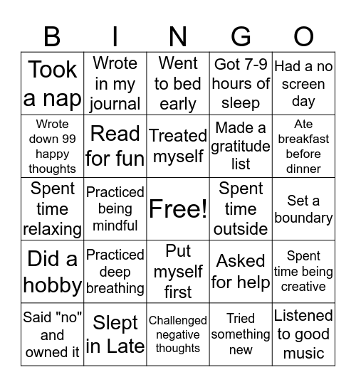 Self-Care Bingo Card