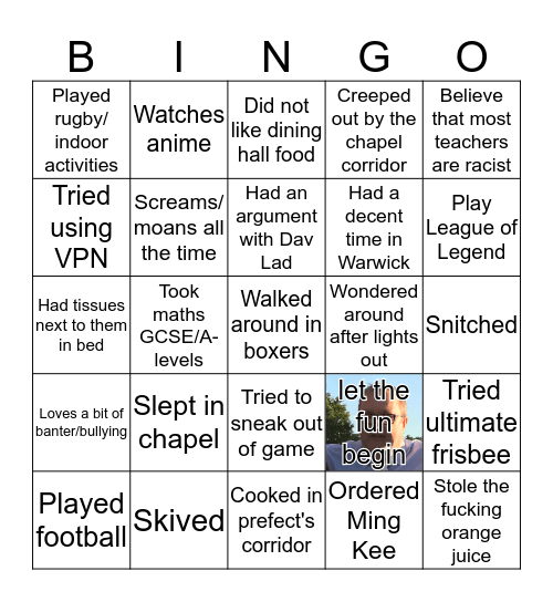 Warwick School Boarding House 101 Bingo Card