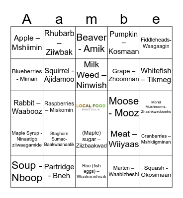 Aanishinaabe Miijim Bingo Card