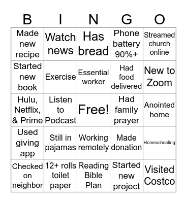 Quarantine Bingo Card