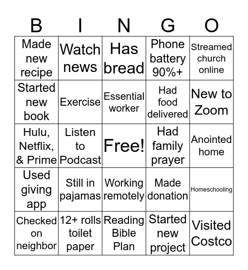 Quarantine Bingo Card
