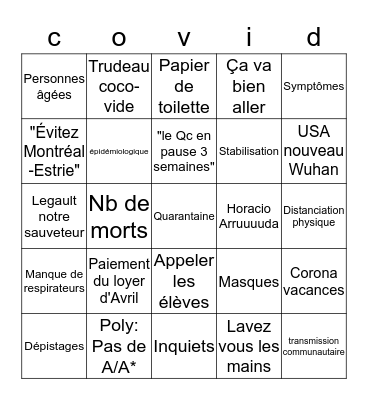 Pendant le covid Bingo Card