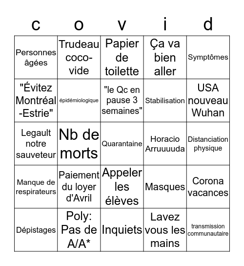 Pendant le covid Bingo Card