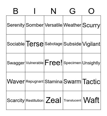 Middle School Week 4 Vocabulary Bingo Card