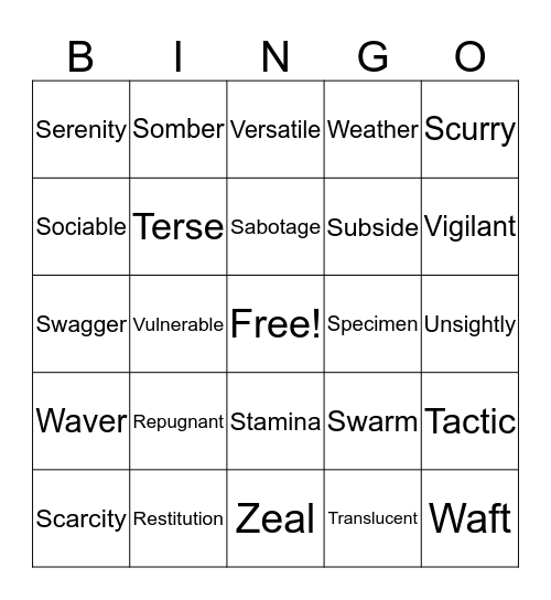 Middle School Week 4 Vocabulary Bingo Card