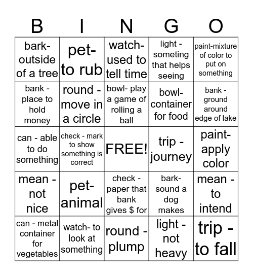 Multiple Meaning Words 3rd Grade Bingo Card