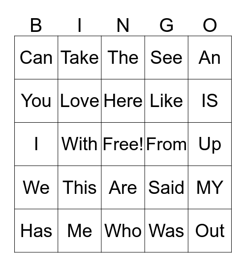 Site Word Bingo Card