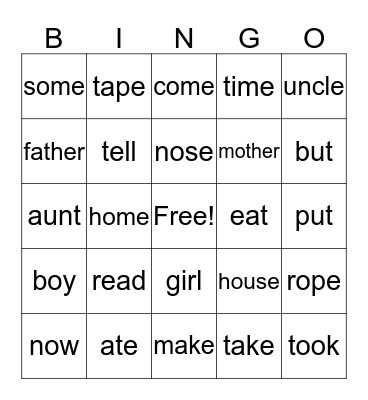 Sight Words Bingo 3 Bingo Card