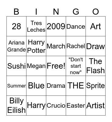 Sophie's Birthday Bingo Card