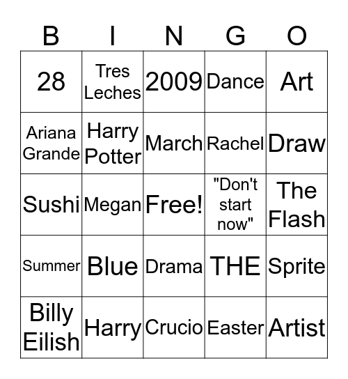 Sophie's Birthday Bingo Card