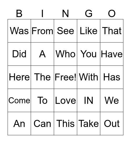 Site Word Bingo Card