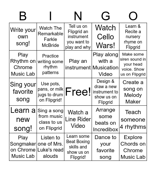 Music At Home Bingo Card