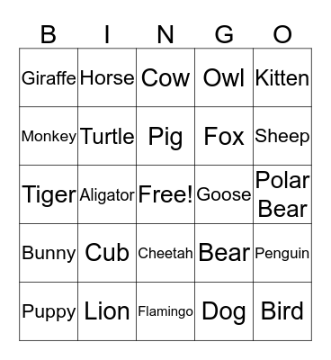 Animals Bingo Card