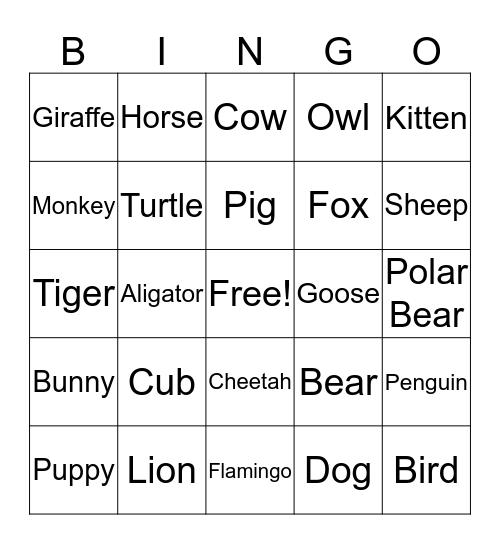 Animals Bingo Card